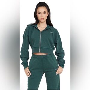 ILUS Ideaaline Cropped Zip-Up Hoodie – Acid Wash Forest Green (XXL)